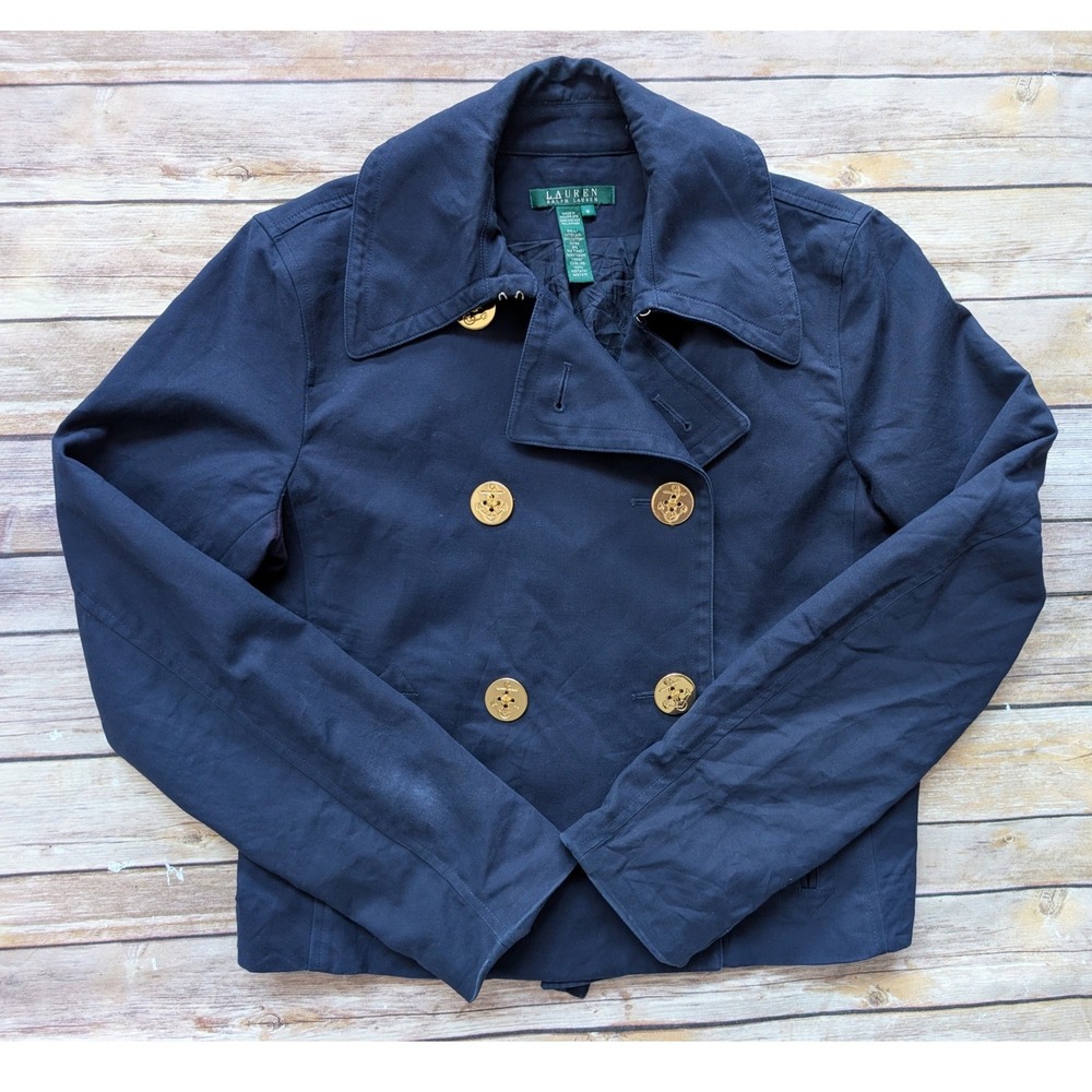 Lauren Ralph Lauren Pea Coat Womens M Cotton Navy Blue Gold Anchor Button Jacket